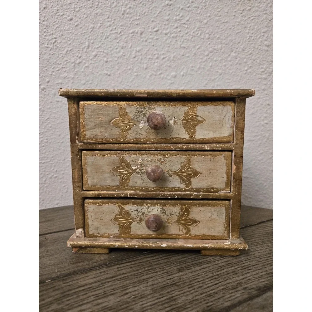 VINTAGE ITALIAN FLORENTINE JEWELRY BOX CHEST 3 DRAWER Gold Cream Pink 6.5